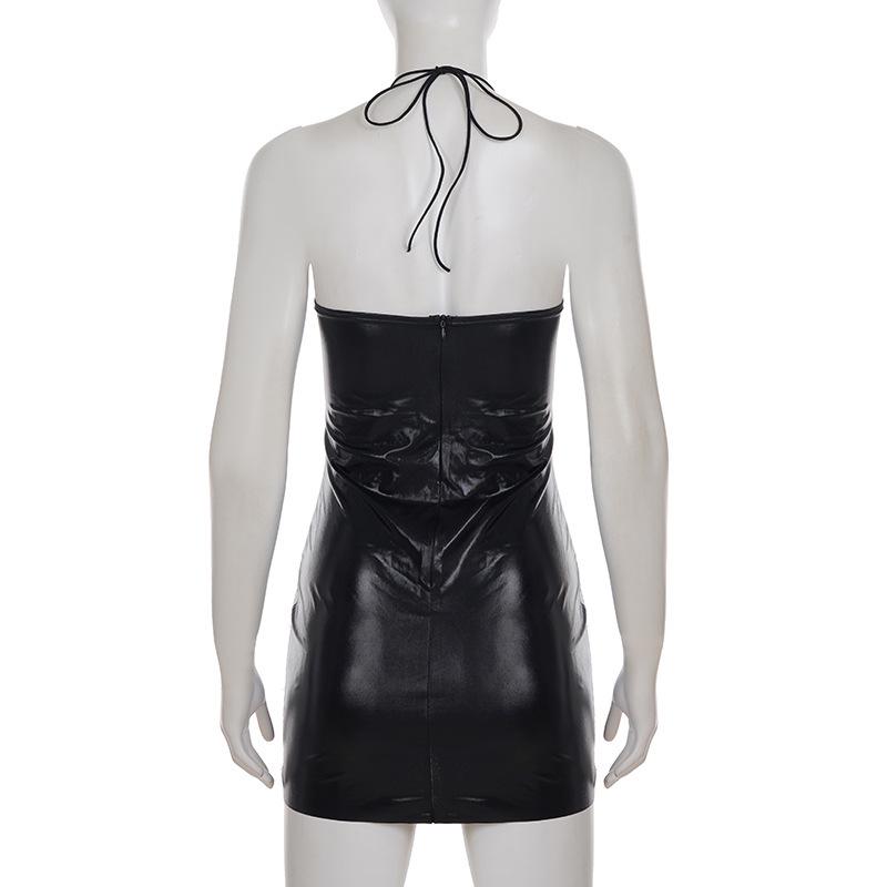 Sexy Lace Patchwork Spaghetti Strap Halter Dress - European & American Style, Slimming, See-through, Pure Color, Short Party Dress.