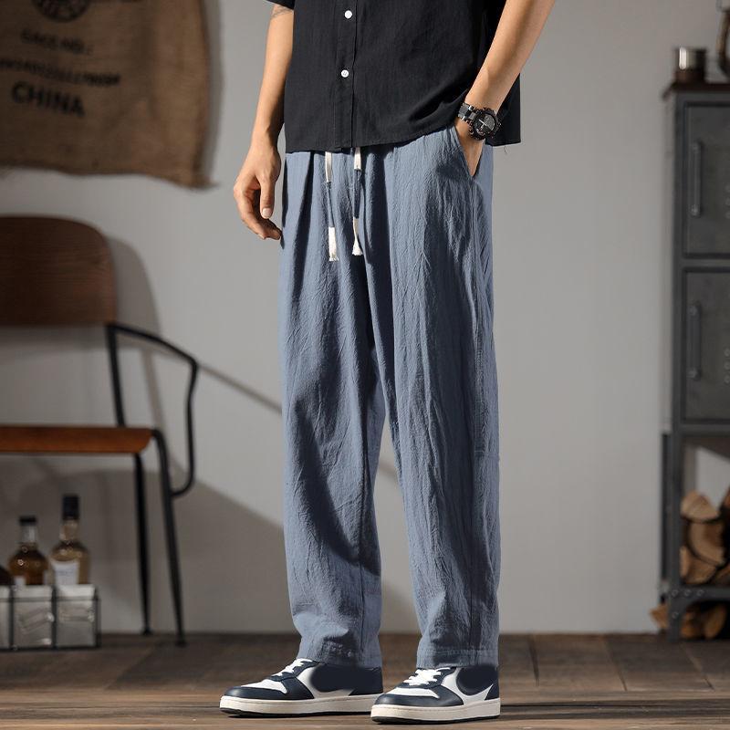 Apenese Cotton Linen Pants Men Summer Straight Casual Ice Silk Sweatpants Male Wide Leg Oversize Linen Trousers