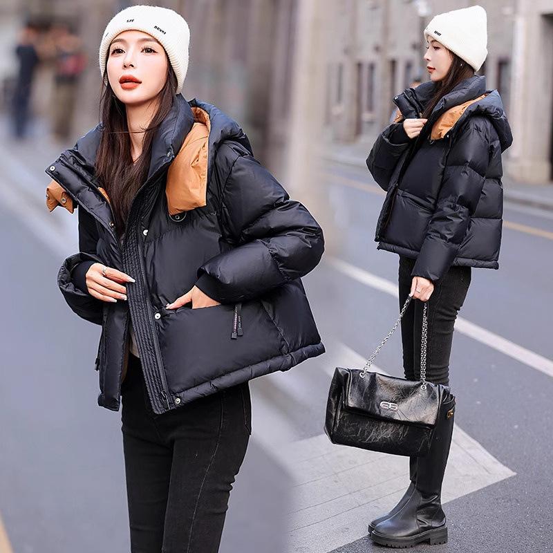 Color Block Quilted down Cotton Jacket Women's Short Winter Coat Bread Style Outerwear Ultra Short Length Polo Collar Zipper