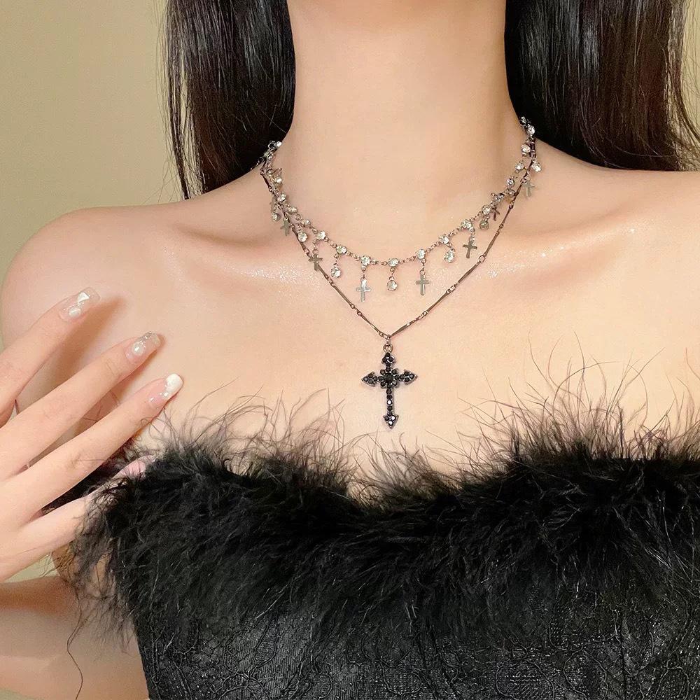 Elegant Diamond Cross Pendant Necklace - Trendy Multi-Layered Clavicle Chain for Women