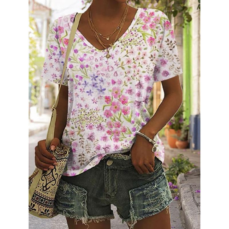 Summer Women's Casual Loose Fashion Digital Printed Multi-color V-neck Short Sleeved T-shirt