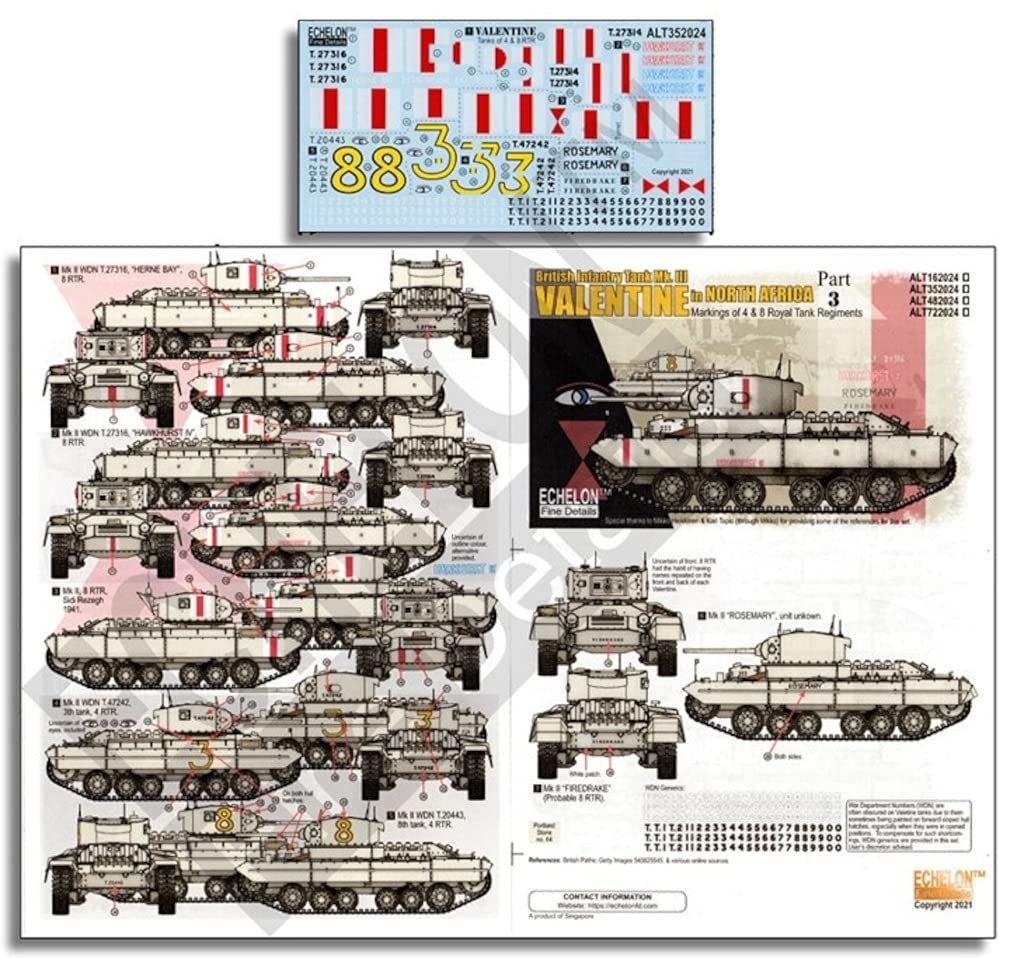 

Echelon 1/35 Scale World War II British Army Valentine Tanks in North Africa, Part 3 Plastic Model Decals ALT352024