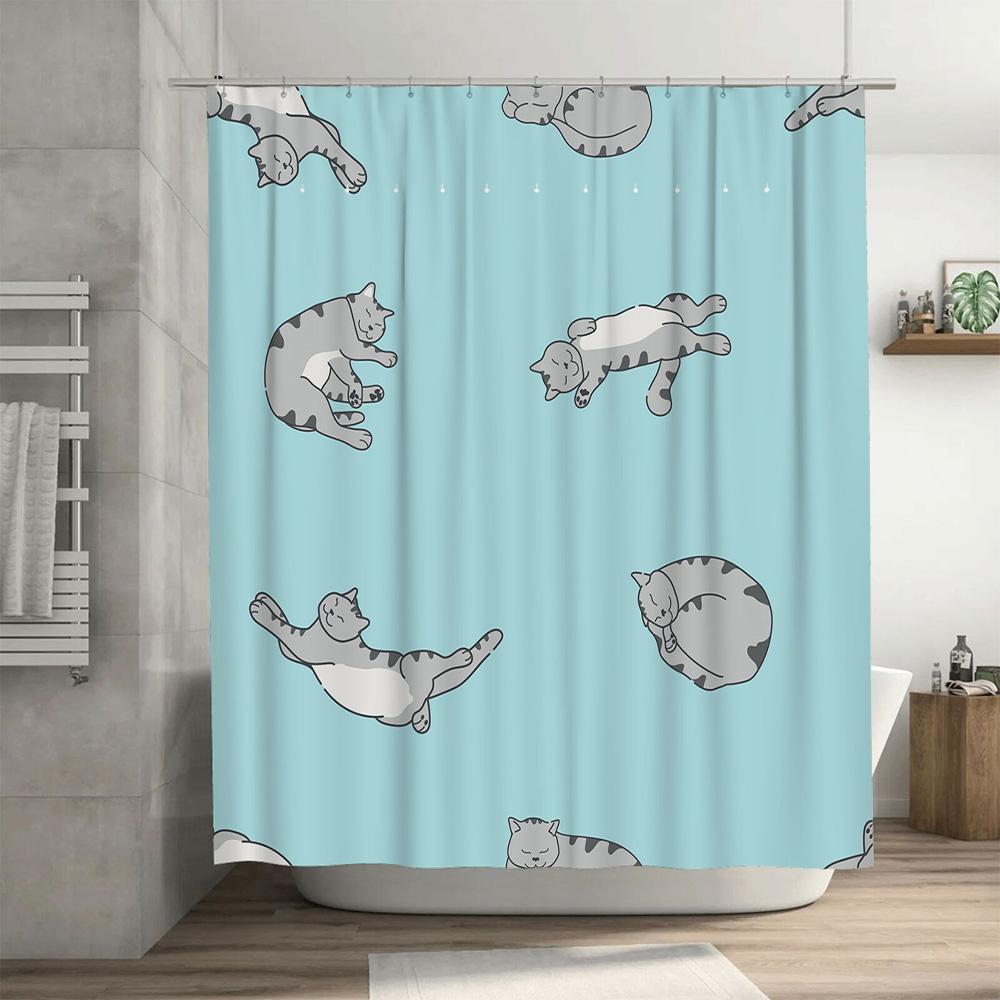 Home Decor Shower Curtain With Blue Cat Pattern Bathroom Linen Set For Kids' Room Decoration Waterproof Fabric Hook Rings Includ