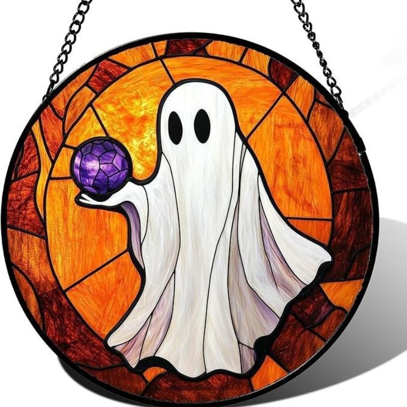 Halloween Stained Glass Pumpkin Suncatcher Adorable Ghost Design Hanging Window Decor for Indoor Outdoor Holiday Party