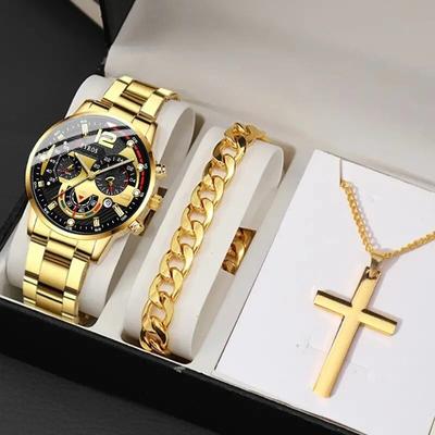Juego de 3 piezas/set Reloj de Cuarzo Casual con Calendario para Hombre a la Moda con Correa de Acero Inoxidable y Pulsera y Collar, Elección Ideal para Regalos