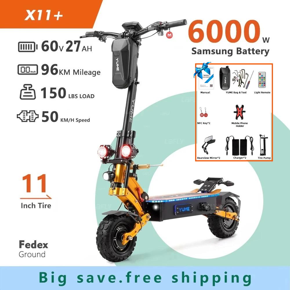 YUME X11+ EU Certifikovaná elektrická koloběžka, 6000W, Dva motory, 60V 27Ah Baterie, 11palcové pneumatiky, max. rychlost 95 km/h Tlumič řízení