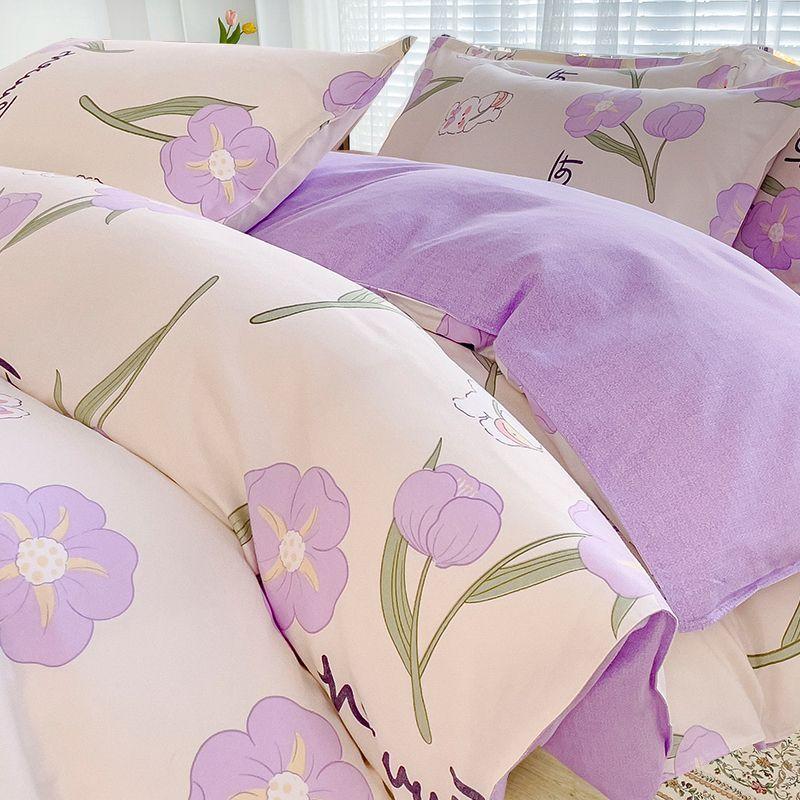 Simple Class A Washed Cotton Four-piece Bedding Set Princess Style Printed Quilt Cover Dormitory Bed Sheet Three-piece Quilt Cover