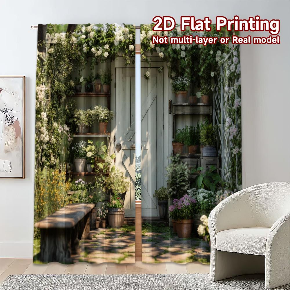 2pcs, 2D FLAT PRINTING Curtains (Without Rod) Garden Retreat Modern Window Curtain 100% Polyester Curtains Decorations For Home