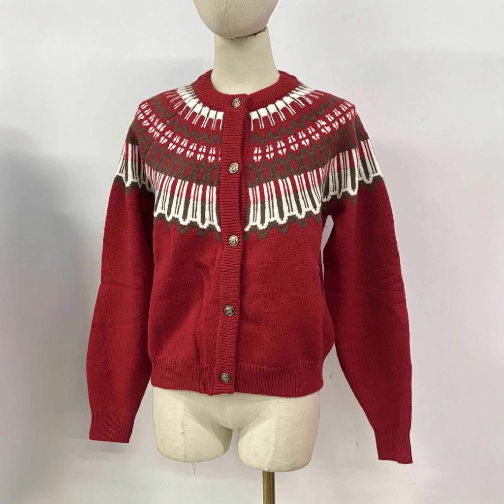 FL223433 Women's Chic Coco Style Red Cardigan for Autumn & Winter Seasons