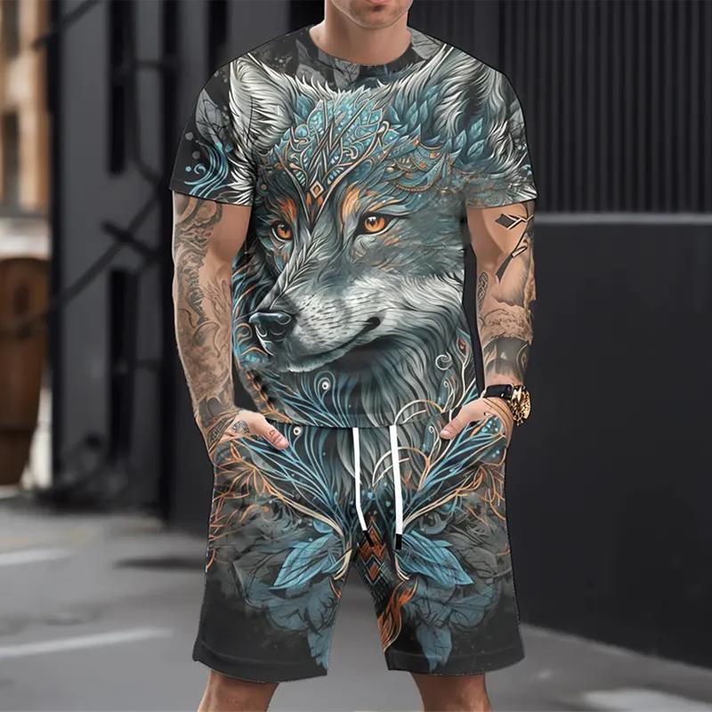 Men's Casual Sports Suit Printed 3D Fierce Wolf Pattern Oversized Loose Men's Top Y2K Style Suit Summer Casual Breathable Suit