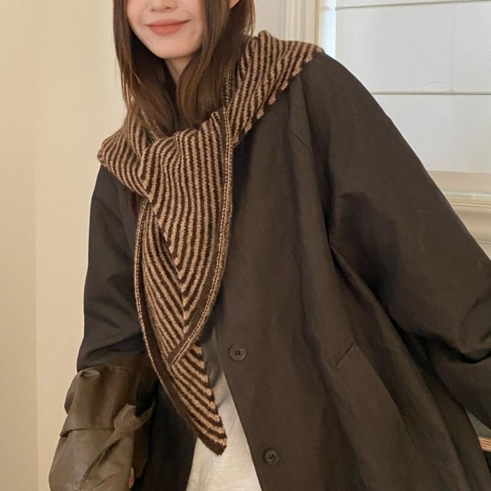 Elegant Triangle Striped Scarf Comfortable Knit Wool Scarf Decorative Neck Warmer Women