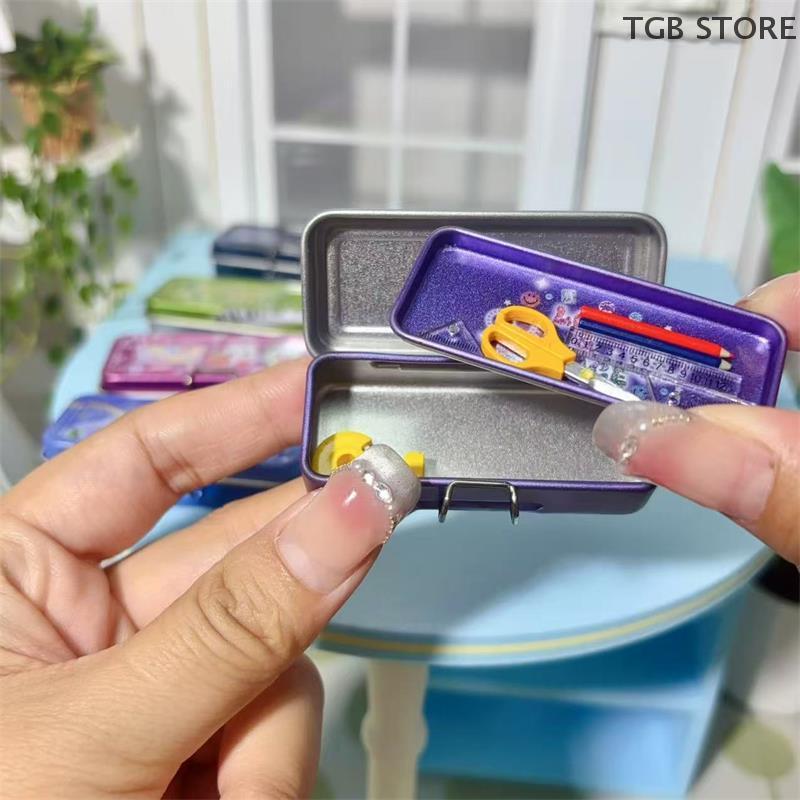 Double Layer Iron Pencil Box Pen Ruler Measuring Tape Scissors Model Dollhouse Miniature Micro Landscape Decor Pretend Play Toy