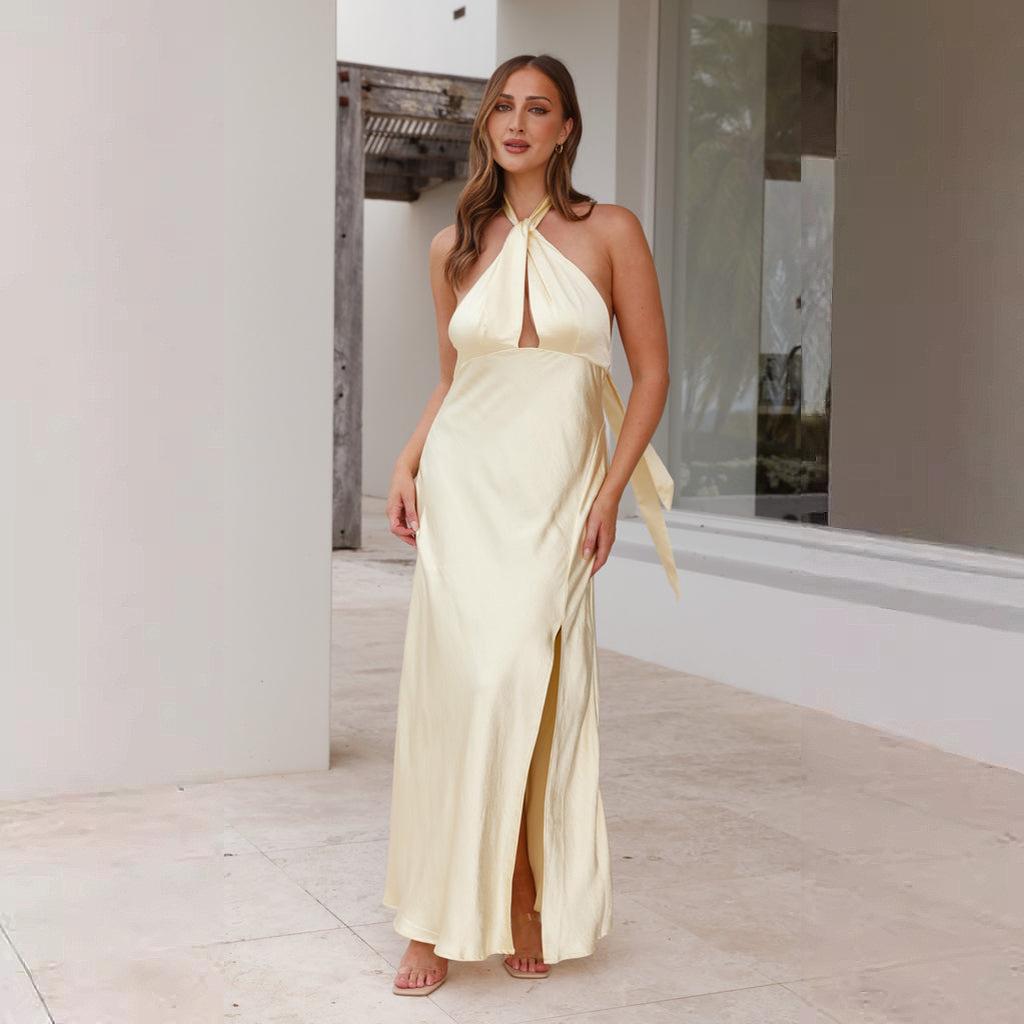 Spring and summer new women's clothing sexy waist hanging neck split long satin sleeveless dress women