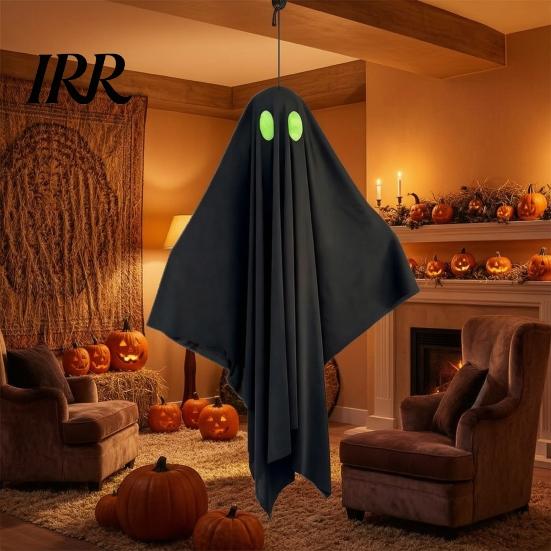 Outdoor Hanging Ghost Halloween Decoration, Spooky Black Fabric with Green Party Supplies Eyes for Outside Tree, Porch, Yard, Lawn, Haunted