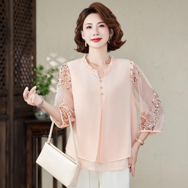 Women's Vintage V Neck Chiffon Sleeve Blouse for Middle Age