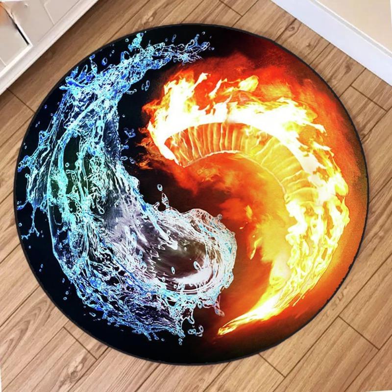 Water Fire Tai Chi Diagram Round Rug Non-Slip Wear-resistant Circle Carpet for Living Room Bedroom Soft Floor Mat Home Decor