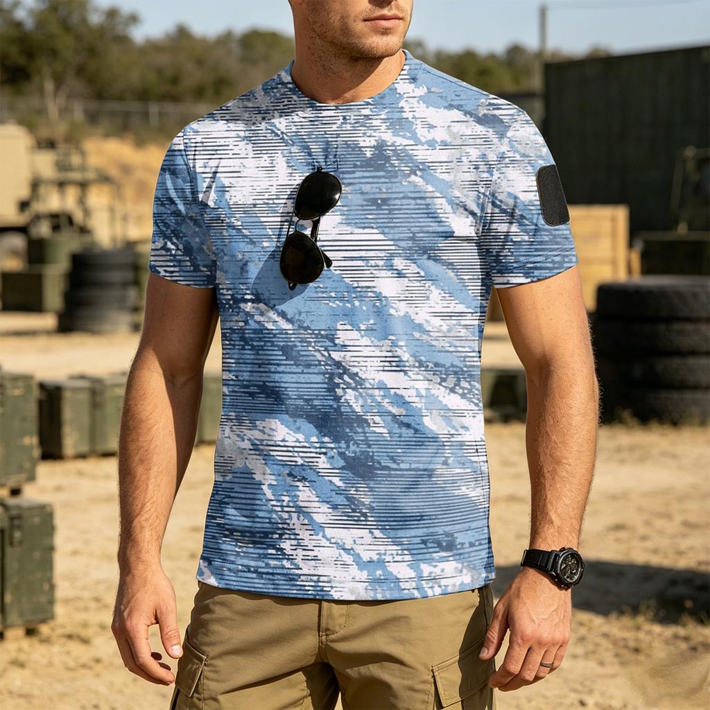 Men's Tactical Outdoor Quick Dry T Shirt Loose Fit Breathable Round Neck Short Sleeve Camouflage Print with Hook and Loop Patch Area