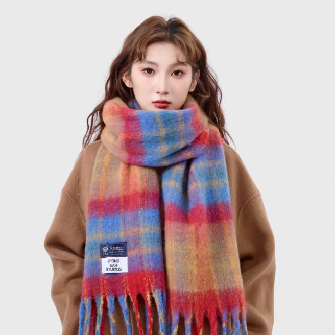 Cozy Plaid Wool-Blend Scarf: Warm, Furry, and Trendy Shawl for Autumn and Winter