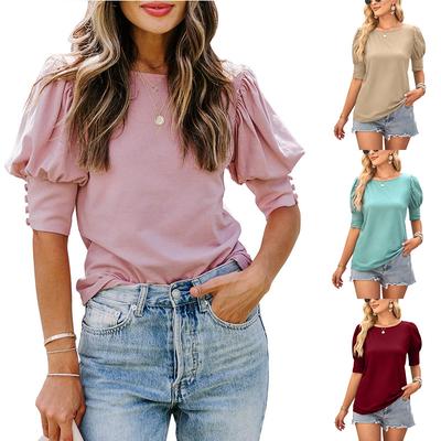 Women Summer Half Sleeve O Neck Pullover Solid Color T Shirt Blouse Top