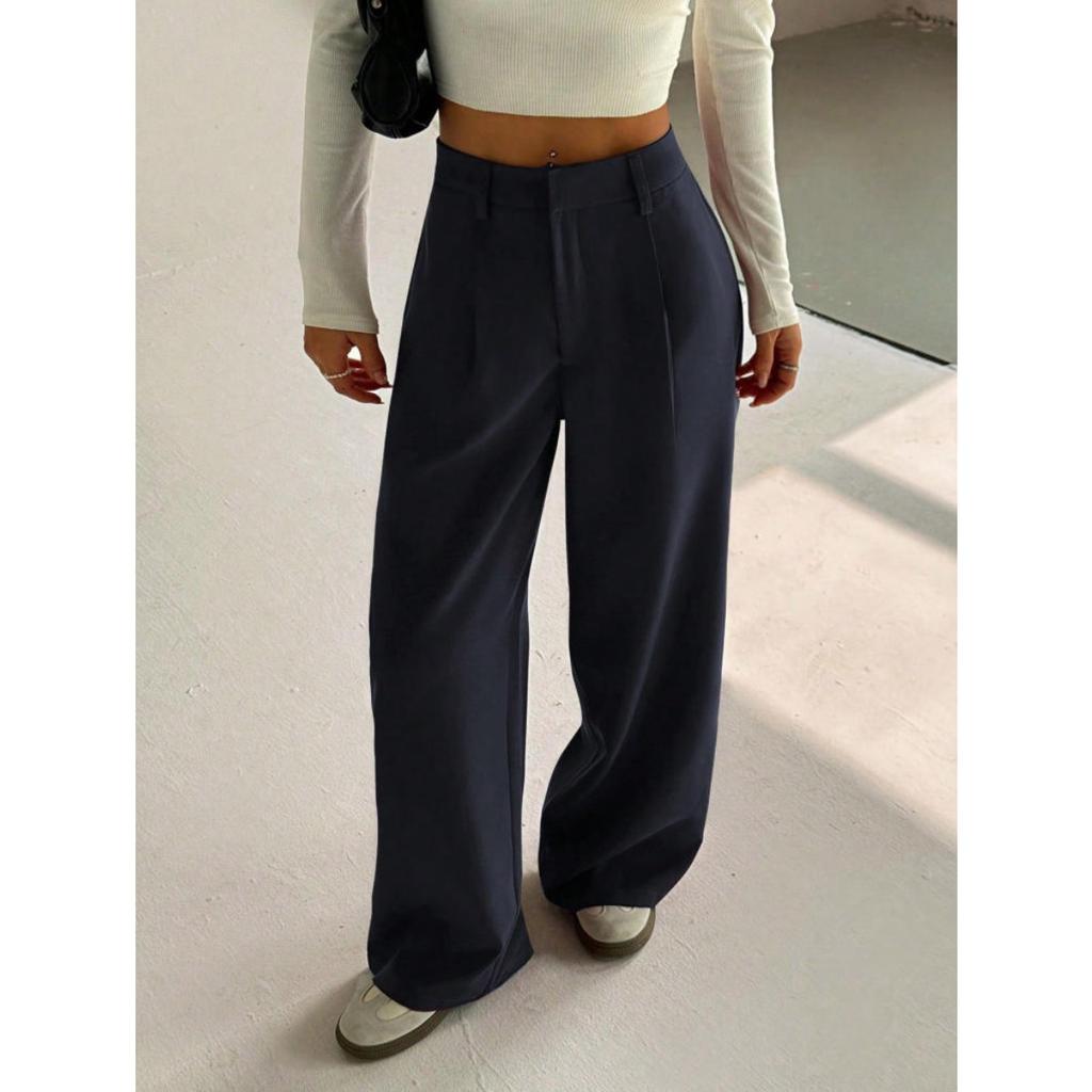 Women's High Waist Wide Leg Suit Pants Loose Fit Pleated Straight Leg Floor Length Trousers