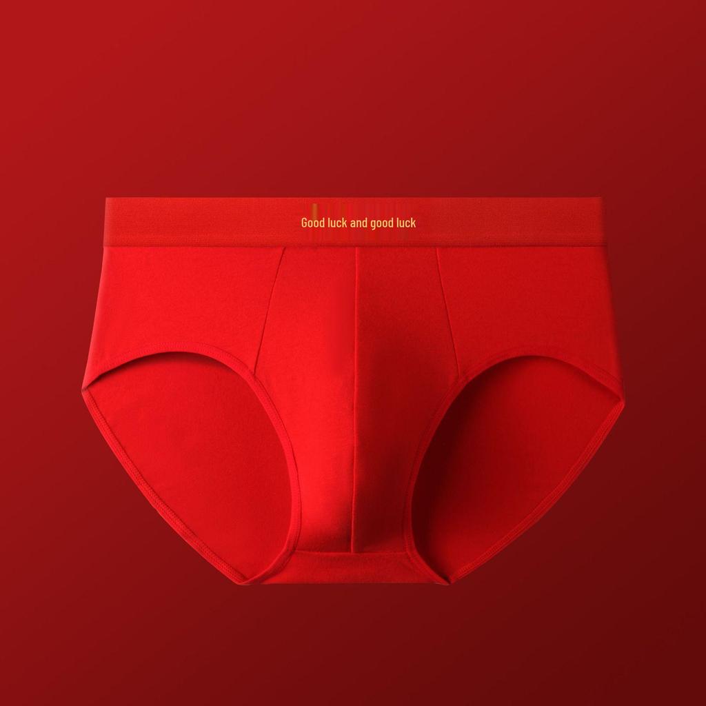Year of the Rat Men's Cotton Mid-Waist Breathable Red Underwear for Weddings
