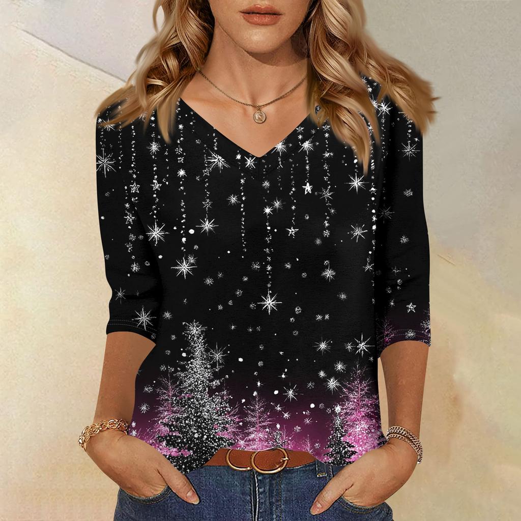 Women's T Shirt CHristmas Print 3/4 Sleeve Daily Weekend Fashion Basic V- Neck Regular Top