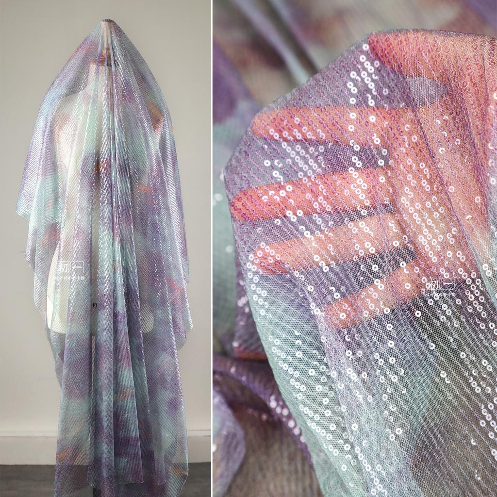 Blue Green Gradient Sequin Mesh Fabric for Diy Sewing Wedding Dress Designer Cloth Polyester Material By The Meter