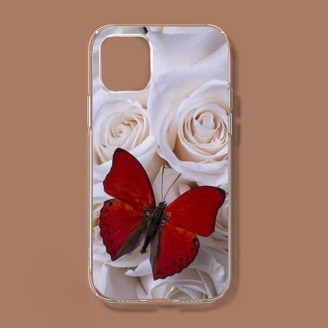 Červený motýl na bílých růžích květinový kryt na telefon pro iPhone 11 12 13 Mini Pro Xs Max 8 7 6 6s Plus X 5s Se 2020 Xr