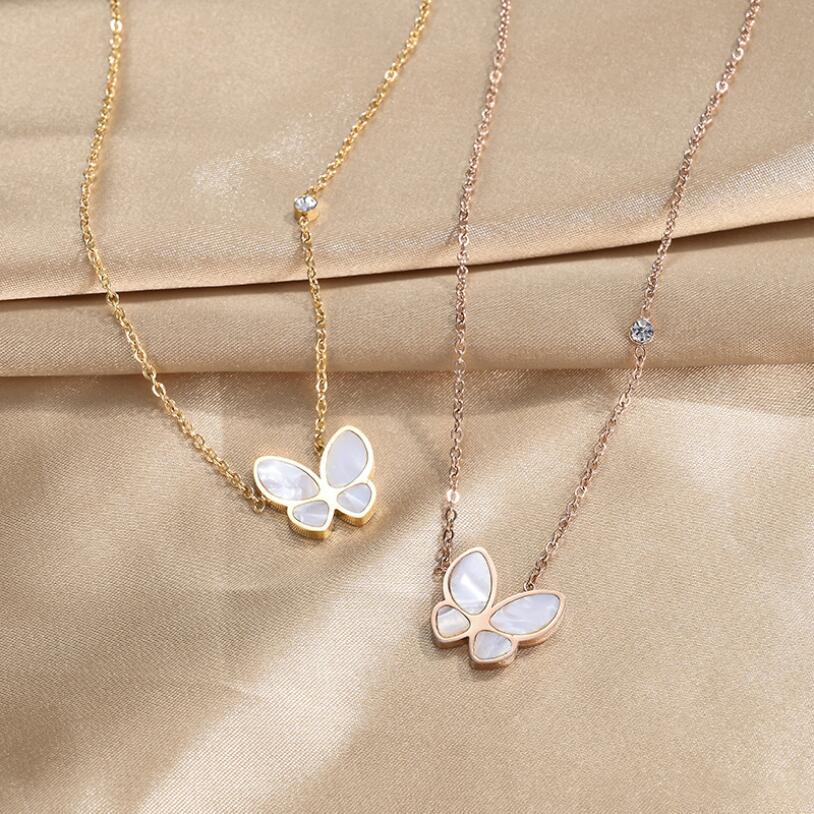 316L Stainless Steel Fashion Fine High-end Jewelry Natural Shell Zircon Butterfly Charms Collier Necklaces Pendants For Women