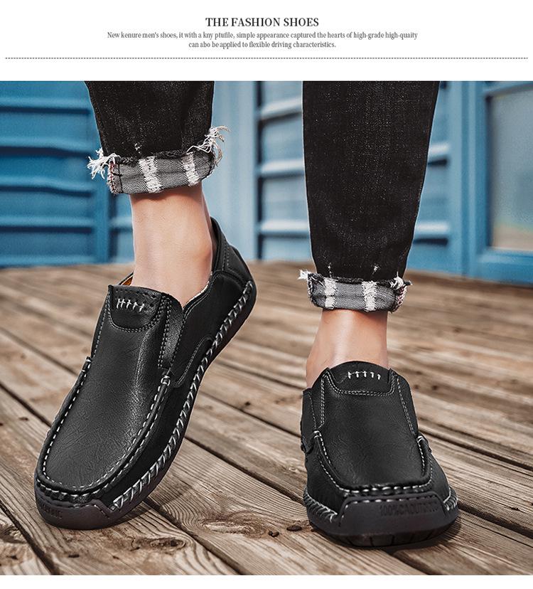 Hand-Stitched Men’s Leather Slip-On Loafers - Outdoor Casual, Low-Top, Plus Size.