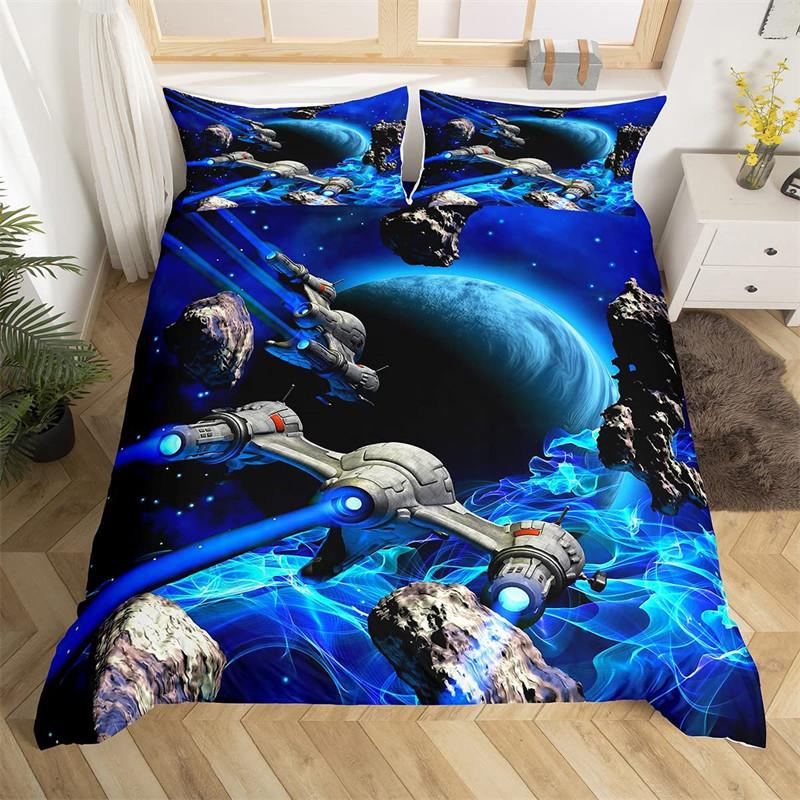 Galaxy Space Bedding Sets Kids Full/Queen/King Size, Blue Universe Adventure Stars Duvet Cover Sets For Boys Girls Teens Bedroom
