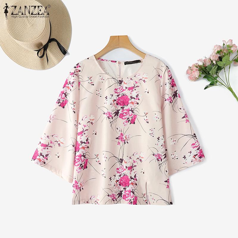 ZANZEA Women Casual Round Neck 3/4 Sleeve Split Hem Flora Printed Blouse
