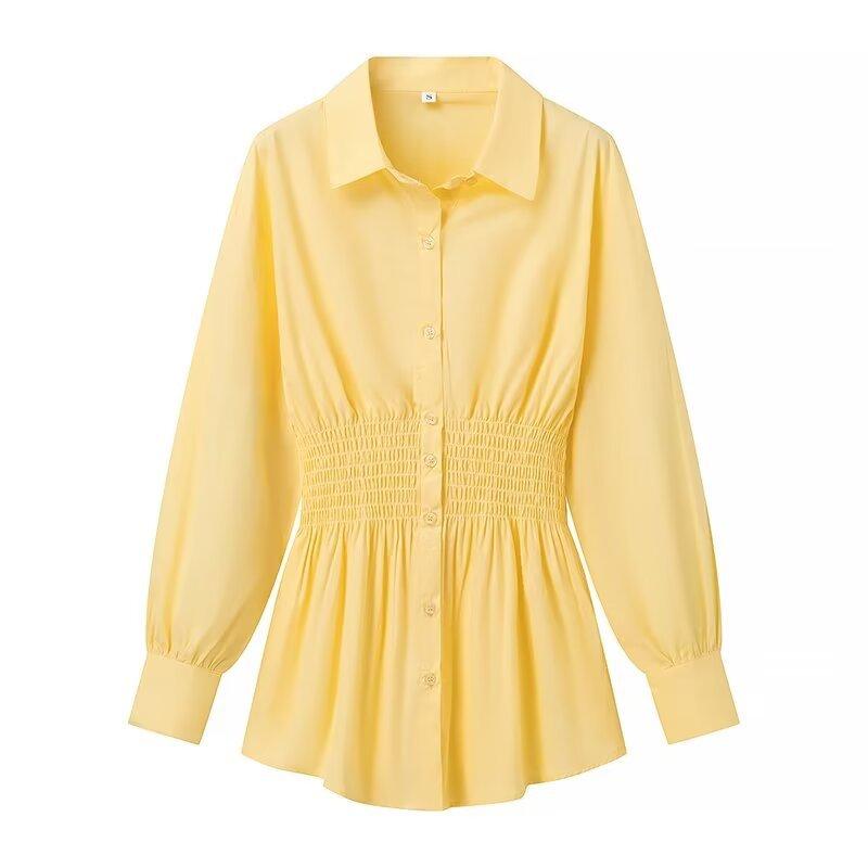 1116 summer European and American women's clothing lapel solid color loose elastic waist single-breasted long-sleeved shirt top women