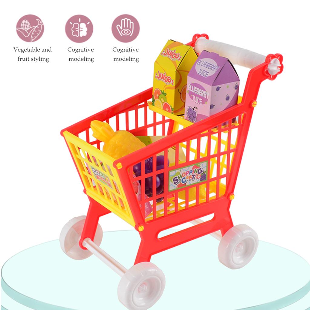 Shopping Cart Toys, Trolley for Groceries Supermarket Playset Fruit Vegetables Play Food Role Kitchen Store Toys for 3+ Kids