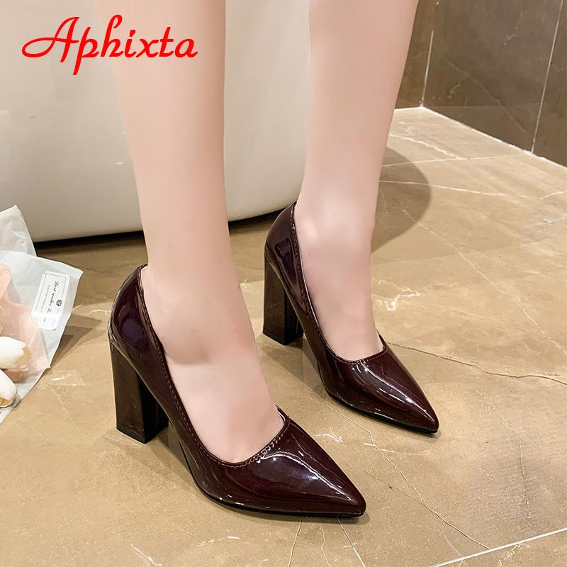 Fashion Aphixta Autumn 10cm/3.94Inch Chunky Heels Pumps Women Shoes Wine Red Patent Leather Sexy Party Official Leisure Plus Szie 33-46