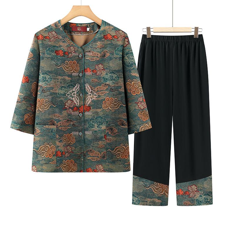 

Chinese Style Summer Shirt and Cardigan Set for Middle-Aged & Elderly Women 2XL (suitable for 100-115 jin) зелений