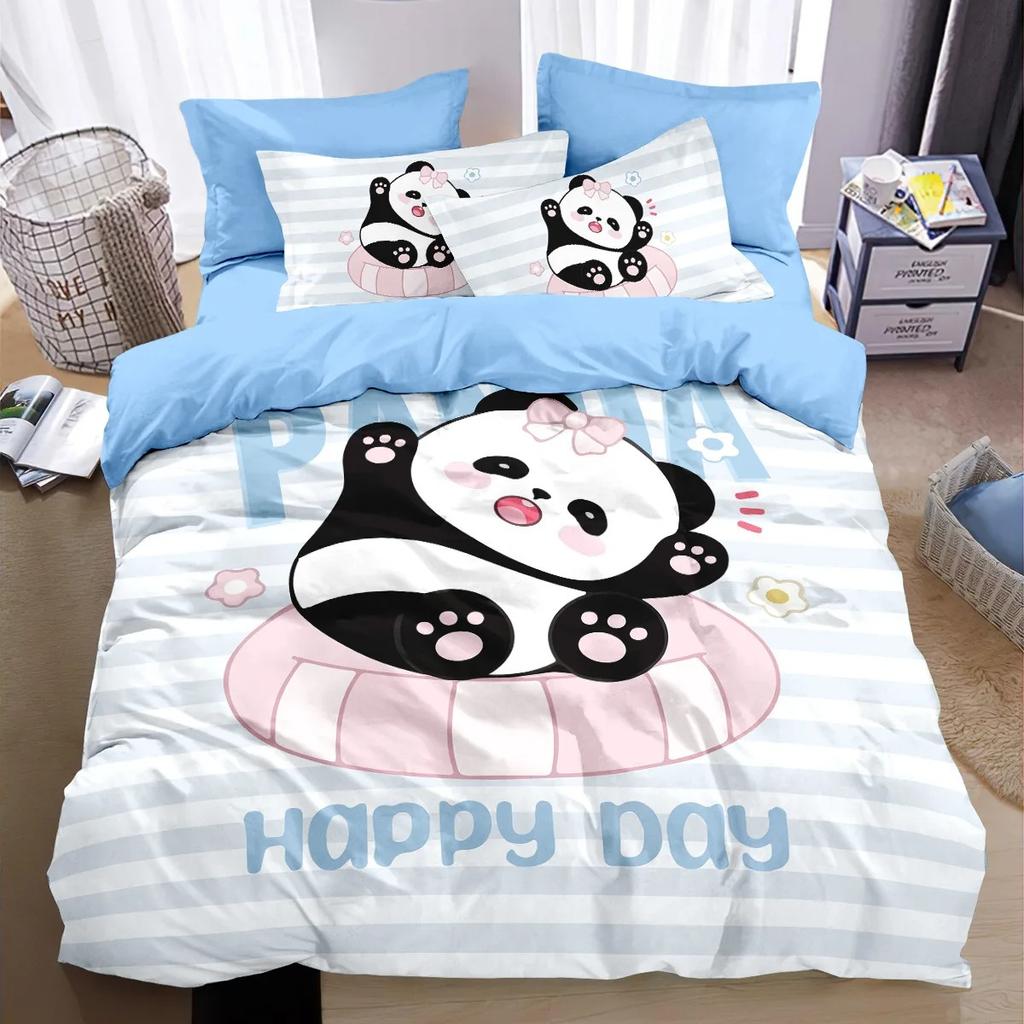 Cartoon Panda Bedding Set 2/3Pcs Soft Microfiber Duvet Cover Pillowcases Kids Boys Girls Bedroom Decor Twin Queen King Size