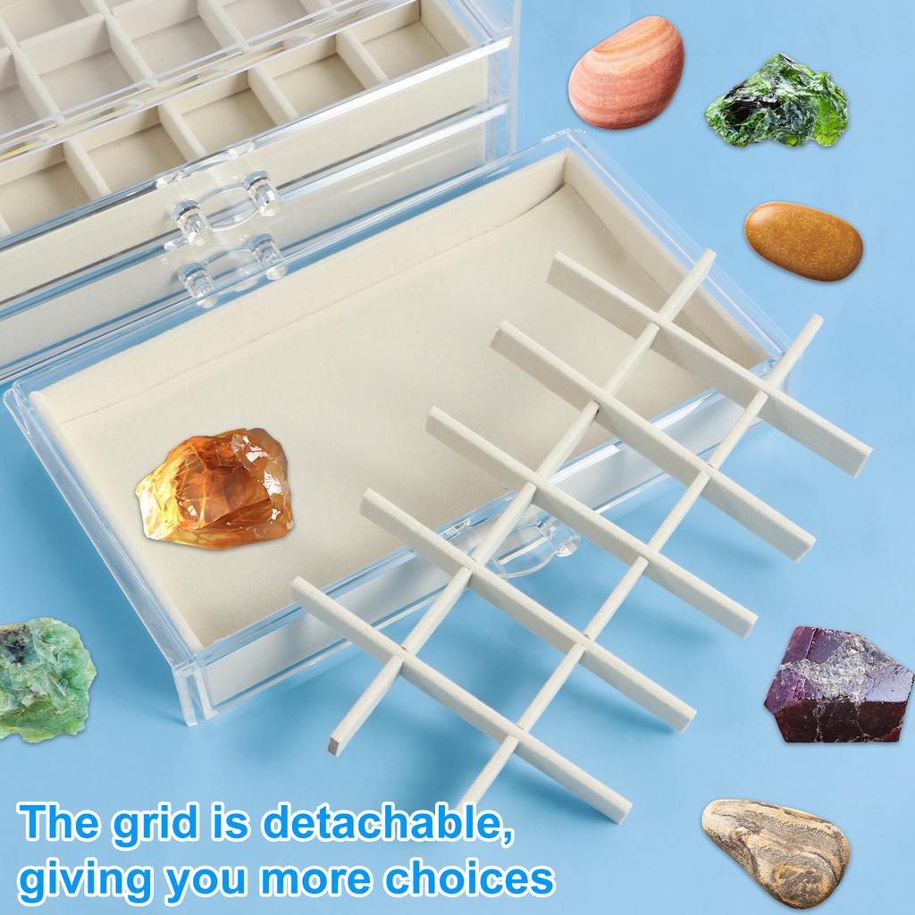 3/5 Tier Rock Display Case Clear Rock Collection Display Case 54/90 Grids Large Content Rock Collection Box Multi-role Storage