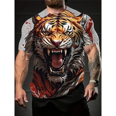 For Men 3D Tiger Print T Shirt Realistic Ferocious Face Graphic Tee Breathable Polyester Loose Short Sleeve Gym Outdoor Party