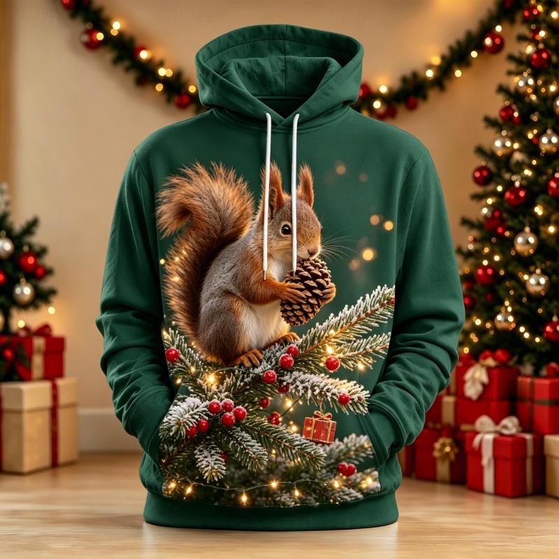 Men's Hoodie Green Christmas Tree Elf Print Breathable Pullover Sweatshirt for Xmas Holiday Party Gathering Wear