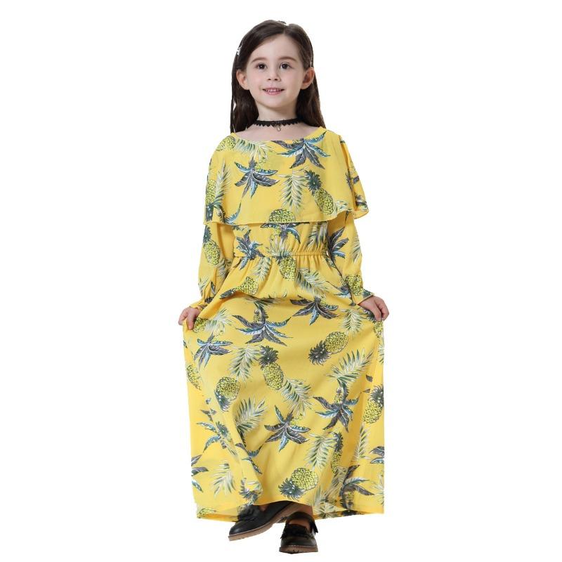 Dívčí šaty s potiskem a dlouhým rukávem, muslimské arabské dívčí šaty s kulatým výstřihem, květinové šaty, turecké islámské oblečení, dětské šaty
