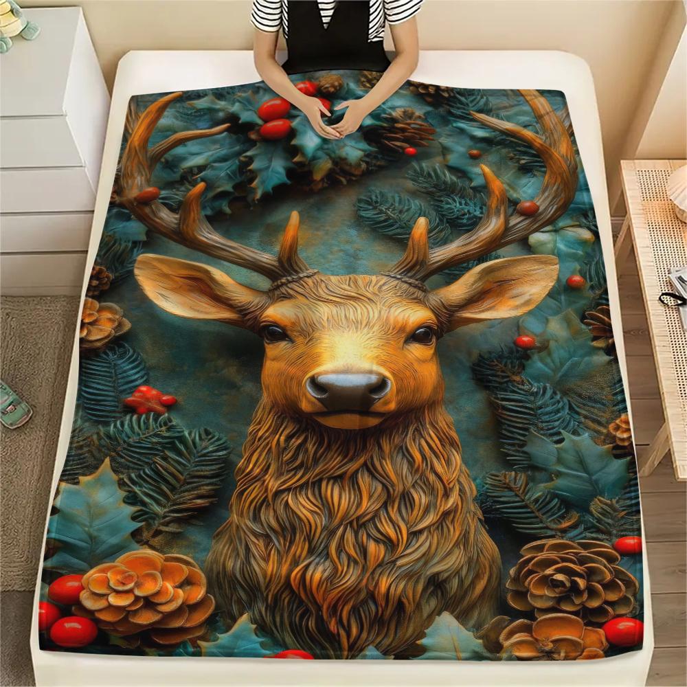 1Pc Vintage Deer Art Print Flannel Blanket, High Quality Comfortable for All Seasons, Home Decor, Warmth and Comfort, Perfect for Gifts
