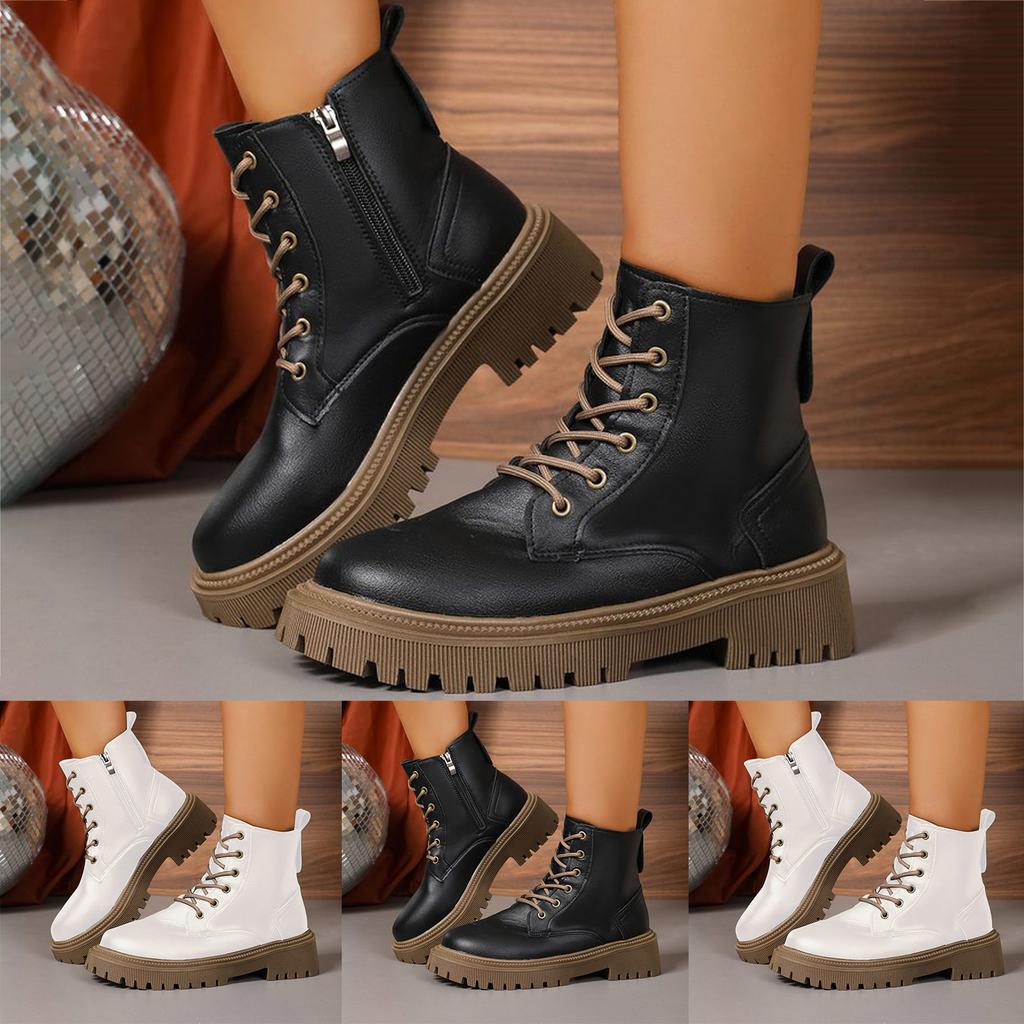 Women'S Casual Retro Lace Up Thick Soled Soft Leather Ankle Boots British Short Boots Women'S Boots Wide Botas Invierno Mujer