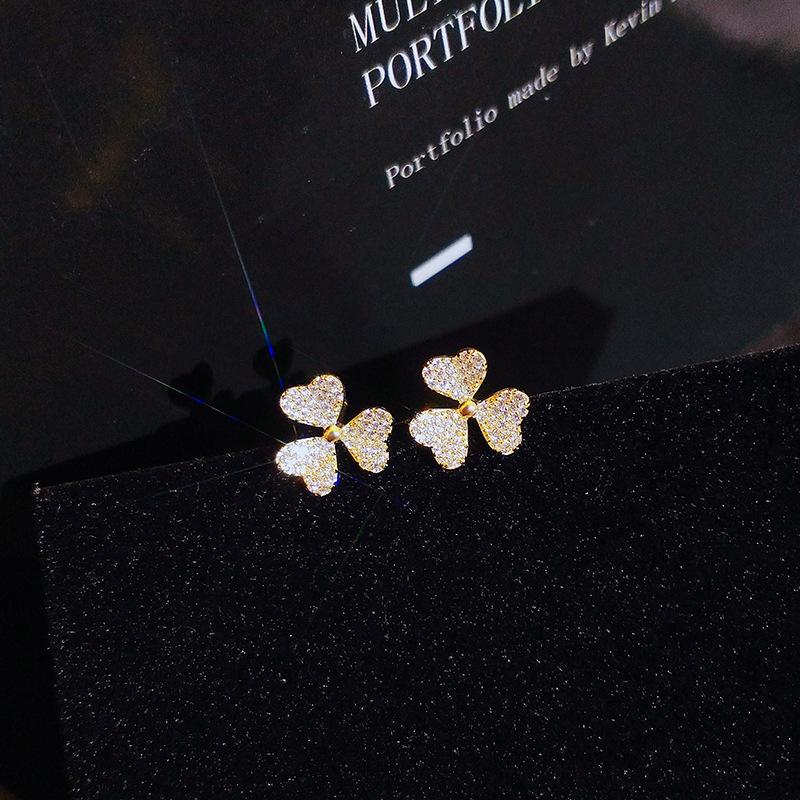 Korean Style Three-Leaf Clover Rhinestone Stud Earrings - 2022 Collection.