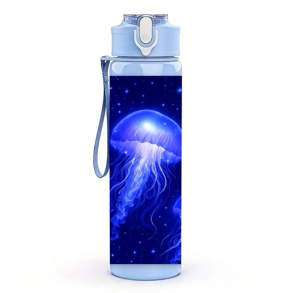 1PC Dark Blue Glowing Jellyfish Ocean Print 750ml Color Plastic Sports Water Bottle Leakproof Flip Straw Lid Suitable for Sports Office Home Use