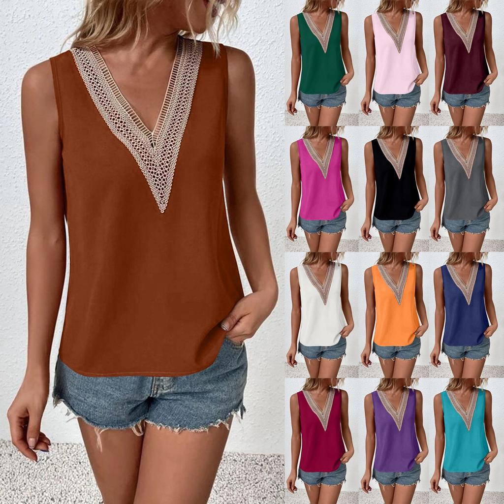 Women's Fashion Casual Sleeveless V-neck Lace Patchwork  Shirt