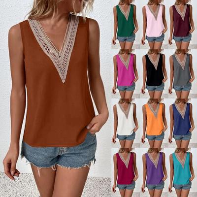 Kadın Modası Rahat Kolsuz V Yaka Dantel Patchwork Gömlek