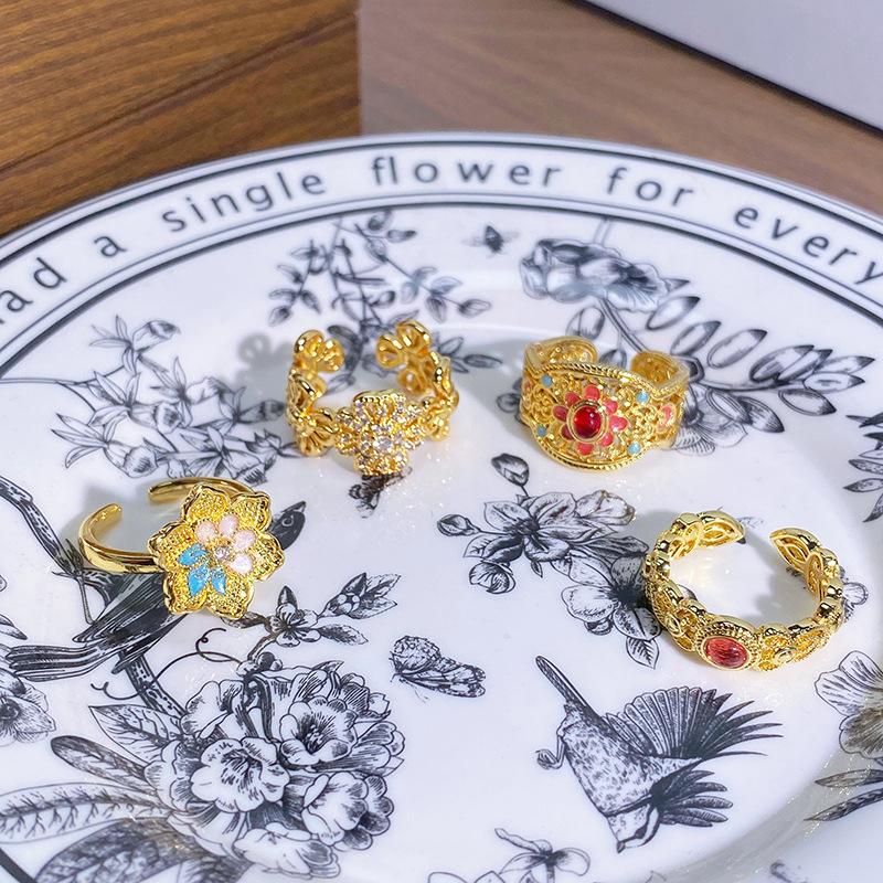 Diamond-Set Medieval Flower Opening Ring Niche Design Temperament Retro Light Luxury Exquisite High-End Ring