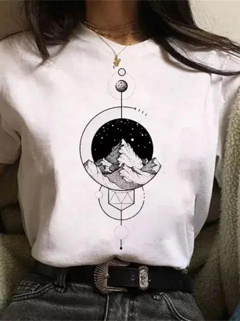 Maycaur Newest Funny Moon Print T Shirt Women White and Black Shirts Fashion Round Neck Short Sleeve T-Shirt Summer Tees Casual Top