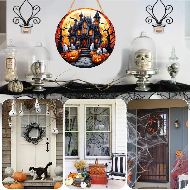 A25F-Pumpkin Halloween Sign For Front Door 2D Wood Decorations Pirate Captain Haunted House White Ghost For Yard